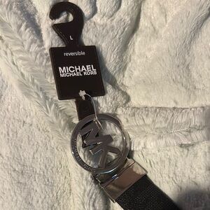 MICHAEL Michael Kors Black Brown Reversible Belt with Silver Buckle